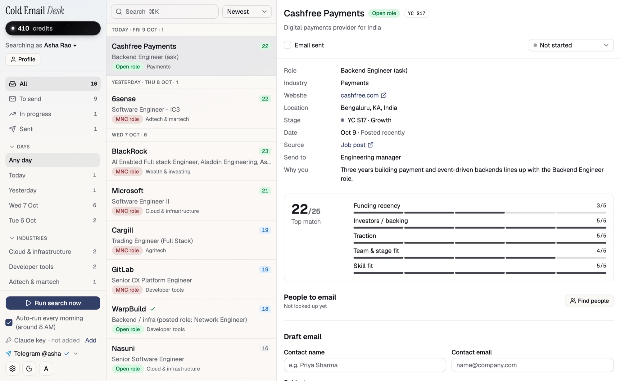 Cold Email Desk: a sidebar of views, a list of rated companies grouped by day, and the selected company's details and draft email